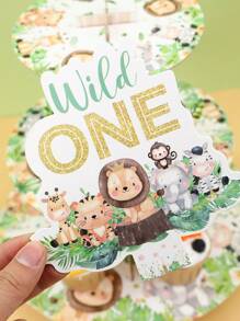 1Set 3 Tiers Jungle Animal Cupcake Cake Stand,Wild One Theme Birthday Party Decoration,Cardboard Cupcake Stand Holder,Cupcake Tower Dessert Holder,1st Birthday Party BabyShower Party Display Supplies,Table Decor Cake Decor