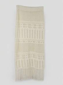 Women's Knitted Hollow Tassel Solid Color Elegant Skirt, Spring/Summer - Beige - View 2