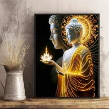 1pc Unframed, Buddha Canvas Poster With Candle And Lotus, Creative Wall Art Decor For Living Room, Bedroom, Bathroom, Office Supplies, Display Poster Board