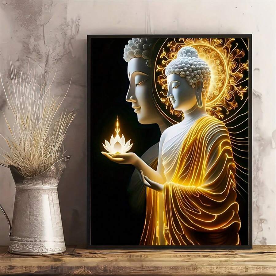 1pc Unframed, Buddha Canvas Poster With Candle And Lotus, Creative Wall Art Decor For Living Room, Bedroom, Bathroom, Office Supplies, Display Poster Board