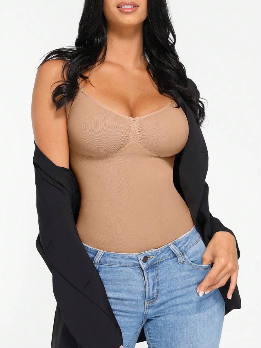 FeelinGirl Womens Tank Top Shapewear Tummy Control Tops Slimming Cami Tank Seamless Compression V Neck Camisole - 駝色 - 查看 1