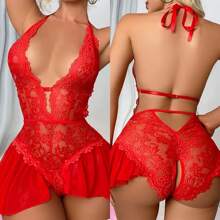 Sexy Crotchless White Underwear Women Lace Hollow Bra Set Erotic Costume Teddy Baby Doll Dress Deep V Open Bra Porn Lingerie Set - 164-白色 - 查看 10