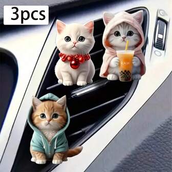 3pcs Cute Cat Car Ventilation Air Freshener Clip - Creative Hoodie Cat, Milk Tea Cat, Bell Cat Designs, 2D Acrylic Car Ventilation Decoration Clip, Comes With Aromatherapy Sheet, Deodorization + Random Scents, Car Air Freshener, Car Interior Decoration, Perfect Gift For Family And Friends
