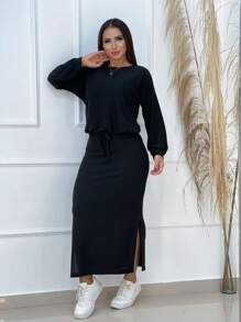 Women's Winter Set Blouse And Woolen Skirt - 黑色 - 查看 3