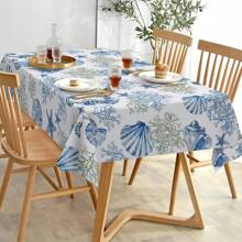 1pc Blue Ocean Beach Theme Rectangular Tablecloth, Decorated With Seashells, Coral, Seahorse & Starfish, Seasonal Ocean Table Cover For Spring/Summer Marine Themed Picnic Party, Indoor/Outdoor Decor