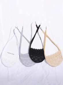 4 双女士夏季简约纯色系列蕾丝设计，心形和花朵系列，舒适透气隐形内衬袜子，带花卉镂空半趾踝袜