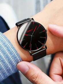 2pcs Fashion Mesh Men Watch Scale Simple Quartz Watch For Man And 1 Business Men's Wallet - Black - View 3