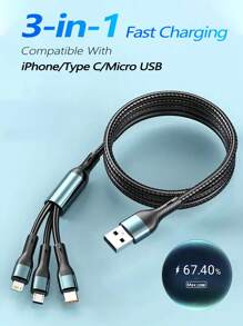 BinBoom Cable de carga multifuncional 3 en 1, cable de carga rápida con múltiples puertos USB e interfaces Lightning/Micro USB/Tipo C, adecuado para smartphones, tabletas y talla grande - Azul - Ver 10