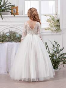 青少年女孩蕾丝边深 V 网眼派对礼服，优雅公主礼服，适合作为生日礼物、派对、婚礼伴娘、舞会、节日庆典 - 白色 - 查看 8