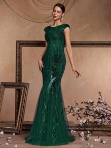 Vestido de noche con cuello redondo y mangas cortas con decoración de lentejuelas para mujer, elegante vestido formal para graduación, fiesta de cena, boda y eventos