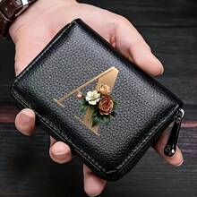 PU皮革字母印花风琴拉链卡包 女士男士钱包卡包零钱包信用卡夹 男士钱包，男士礼物 - 黑色 - 查看 24