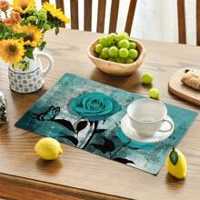 4 piezas, empacadas en 6 piezas, Individuales de mesa, diseñados con un patrón de rosa azul oscuro sobre lino, individuales de mesa, hechos de poliéster lavable a máquina, tamaño 12 * 18 pulgadas/30 * 45cm, resistentes al calor, adecuados para decoración del hogar, restaurante, decoración de hotel