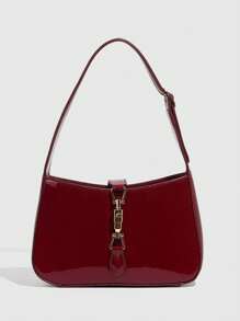 1pc Burgundy Lacquered Leather Handbag, A Simple Lock Closure Square Bag, Shoulder Bag, Vintage Wine Red, Black, Lacquered Leather Small Square Bag, Underarm Bag, Gift Bag, Suitable For All Women, Fashionable Burgundy Bag , Burgundy Bag - Multicolor - View 3