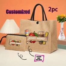 Regalo personalizado para maestros con impresión de nombre personalizado | Conjunto de bolsa de compras reutilizable de lino caqui y yute, y billetera | Detalles en metal negro para la Semana de la Enfermera/Día de la Madre/Apreciación a Maestros | Bolso multiuso para la playa y organizador de viaje
