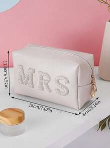1pc,New Portable Faux Pearl Alphabet Cosmetic Bag, Fashion, Highly Attractive, Makeup Storage Bag, Pu Material, Waterproof, Breathable, Antibacterial, Good Gift. Travel Storage Organizer