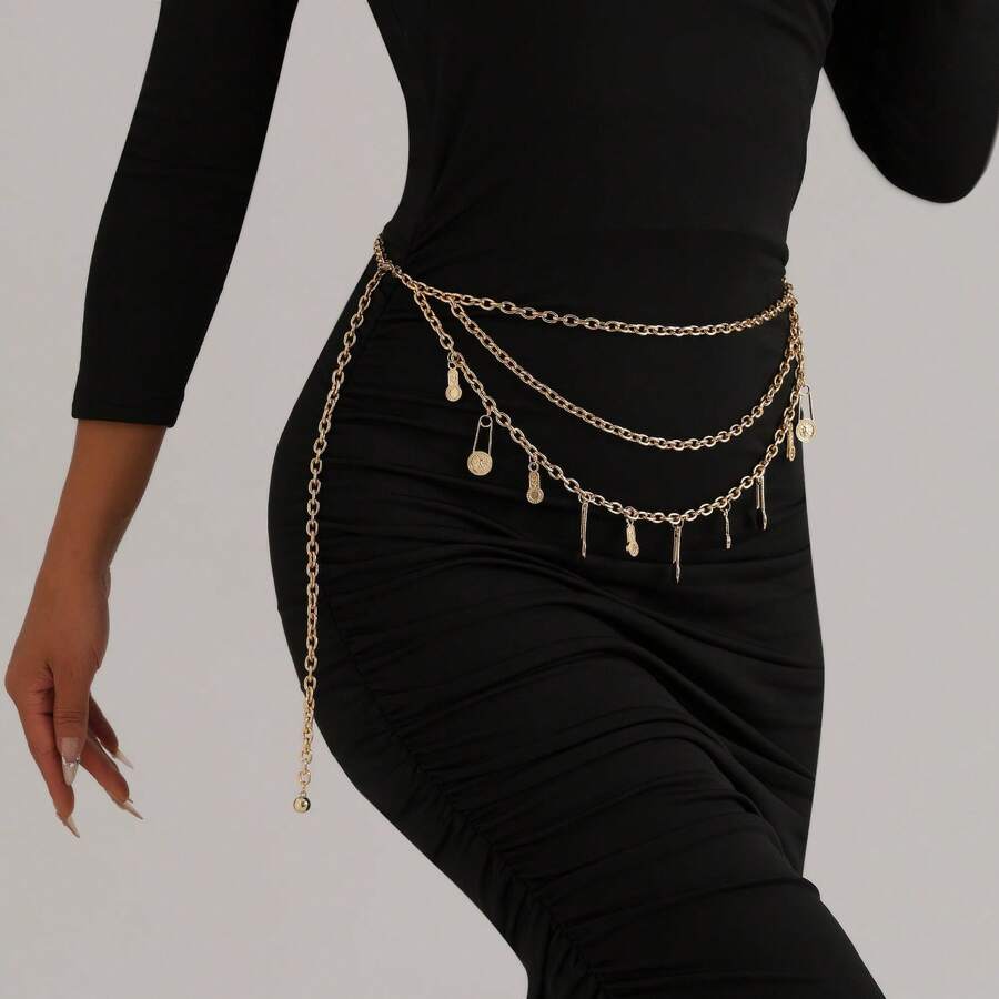 1pc Women's Versatile Multi-Layer Chain Tassel Waist Chain - Gold - View 1