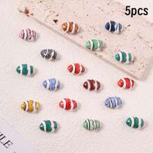 5pcs Hand-Painted Colorful Clownfish Ceramic Beads, Tropical Striped Clownfish Beads For Jewelry Making DIY Bracelets, Necklaces, Earrings, Phone Charms, Craft Decoration, Great For Mother's Day, Back To School, Holiday Gifts