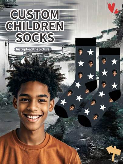 1 Pair Of Customized Face Children's Mid Tube Socks, Put Any Face On Socks,Boy And Girl, Personalized Socks For With Photos, Interesting Customized Picture Pairs With Medium To Long Socks, Suitable For Valentine's Day