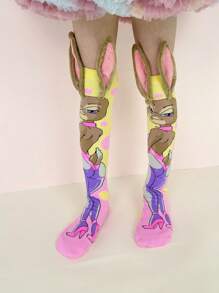 一双儿童立体兔耳朵过膝长袜，适合夏季、聚会、日常穿着。