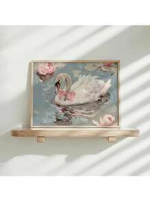 CPWAD 1 件无框帆布海报印刷，复古艺术，白天鹅配粉色蝴蝶结艺术海报印刷，墙画艺术帆布画，卧室客厅，厨房现代家居装饰，无框