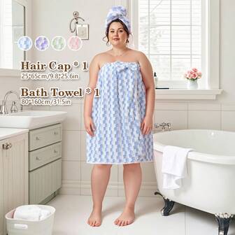 2pcs Bath Wrap Hair Towel Set For Women 31.49X62.99 In, Plus Size 176.37-242.51LB, Coral Fleece Bathrobe Absorbent Bow Decor Spa Wrap For Women, Sauna Kilt For Home & Hotel Use