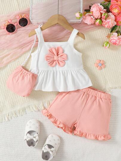 2 Pieces Set Baby Girl Cute Casual Fashion Pink 3D Floral White Lace Camisole With Pink Shorts Summer Outfit