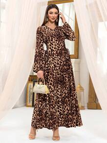 Women Leopard Print Tunic Waist Long Sleeve Dresses Elegant Long Sleeve Robe Abaya Modest Kafftan Jalabiya Arabian Dresses Ramadan Style For Summer Dresses