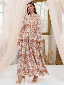 Women's Casual Printed Waist Long Sleeve Dress,Modest - Multicolor - View 3