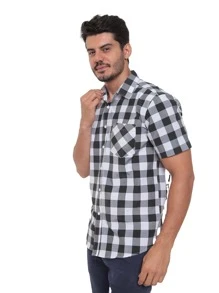 Rand paul Men's Plaid Shirt Casual Slim Fit Short Sleeve With Pockets Imported - màu đen - Xem 5