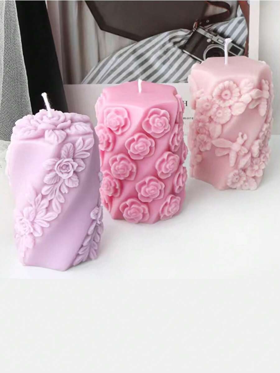 3D Relief Bees Cylindrical Floral Pillar Candle Silicone Mold DIY Geometric Leafed Rose Twisted Column Aromatherapy Candle Mould