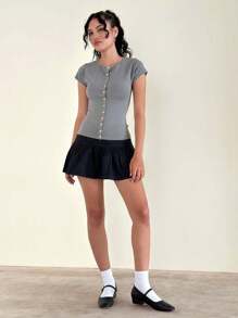 Women's Button Down Tops Slim Fit Stylish Solid Crew Neck Short Sleeve T-Shirt For Summer - Grey - View 4