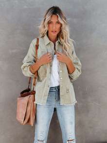 Women's Summer Denim Jacket, Casual Long Sleeve Button Front Dropped Shoulder Jacket, Autumn Versatile Pocket Distressed Hem Denim Jacket - Green - View 5
