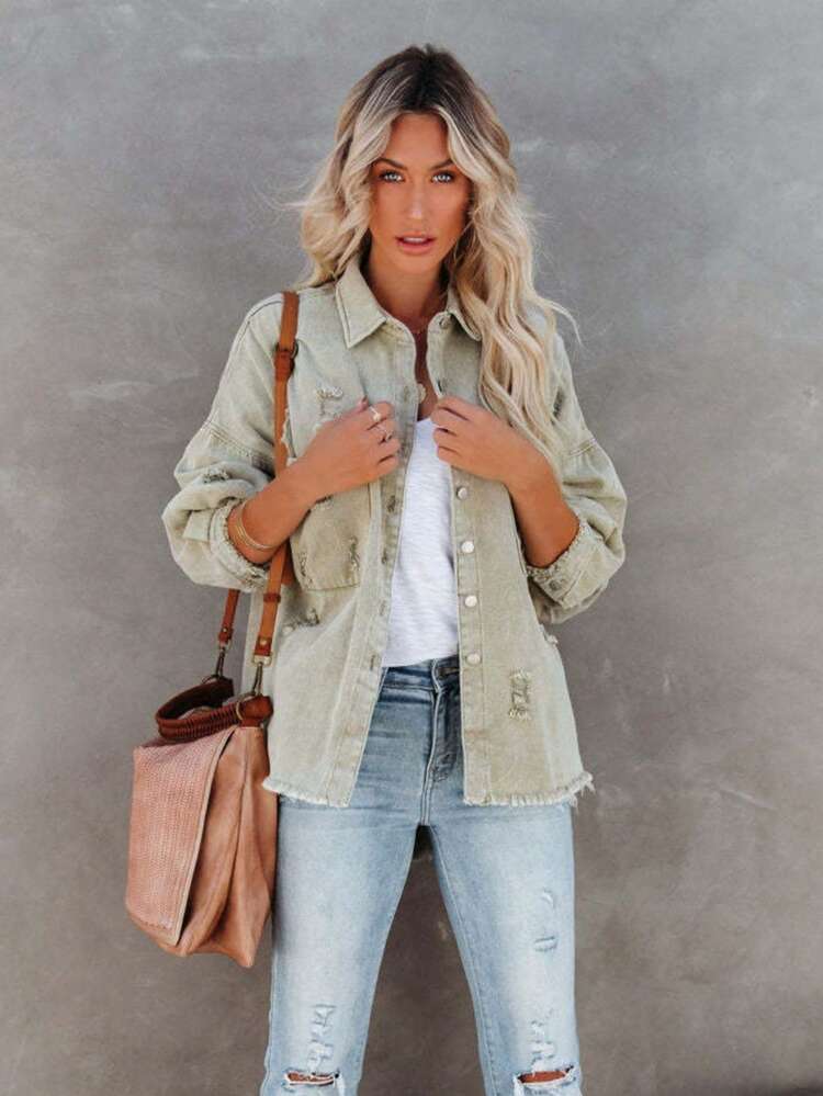 Áo khoác denim nữ mùa hè, áo khoác dài tay cài cúc phía trước vai rớt, áo khoác denim đa năng mùa thu có túi và gấu áo rách. - màu xanh lá - Xem 5