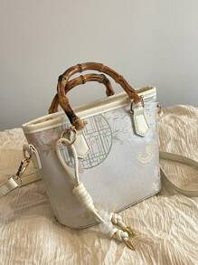 1pc Women's Color Block Chinese Style Bamboo Knot Decor Bucket Handbag, Fashion For Festival, Date, Gift