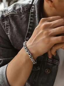 1pc Vintage Thai Silver Dragon Bone Braided Punk Style Men's Bracelet, Simple & Stylish Personalized Punk Retro Bracelet, Suitable For Party, Gathering, Outfits, Birthday Gift, Memorial Bracelet, Men's Jewelry Gift - Antique Silver - View 2