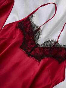 5-Piece Satin Pajama Set For Women - Elegant All-Season Sleepwear, Including Long-Sleeved Tunic Robe, V-Neck Camisole Dress, Camisole Top, Red Stretch Shorts And Pants, Soft, Skin-Friendly Sleepwear And Loungewear For All Seasons - 酒紅色 - 查看 4
