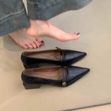 Pointed Shallow Mouth Commuter Shoes For Women 2025 Spring And Autumn French Retro Thick Heel Evening Shoes Fashionable Mary Jane Leather Shoes - 黑色 - 查看 2