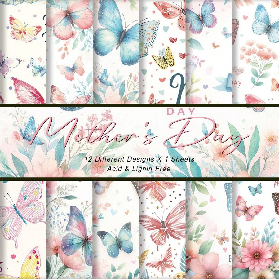 12 pièces Papier scrapbooking pour la fête des mères - 6 x 6 pouces, papier artisanal avec motifs papillon assortis pour l'origami, le journalisme, la confection de cartes et les projets DIY, papier décoratif