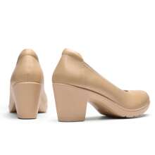 Wide Fit Women's Chunky Low Block Heels Work Pumps Comfortable Casual Round Closed Toe Dress Wedding Shoes - Màu be - Xem 6