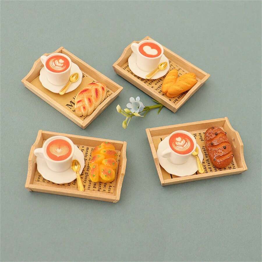 6 件套微型逼真食物玩具泡沫塑料咖啡杯、面包、托盘、餐具模型装饰 - 多款 - 查看 1