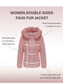 Women Double Sided Faux Fur Jacket With Fur Collar, The Puffer Coat Worn On Both Sides - 粉色 - 查看 5