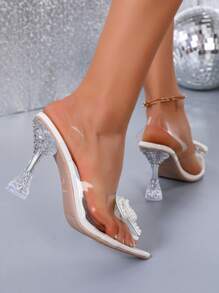 Sandálias de salto alto transparentes com bico fino e laço de cristal, modelo 2025, perfeitas para a primavera e o verão. - Bege - Ver 6