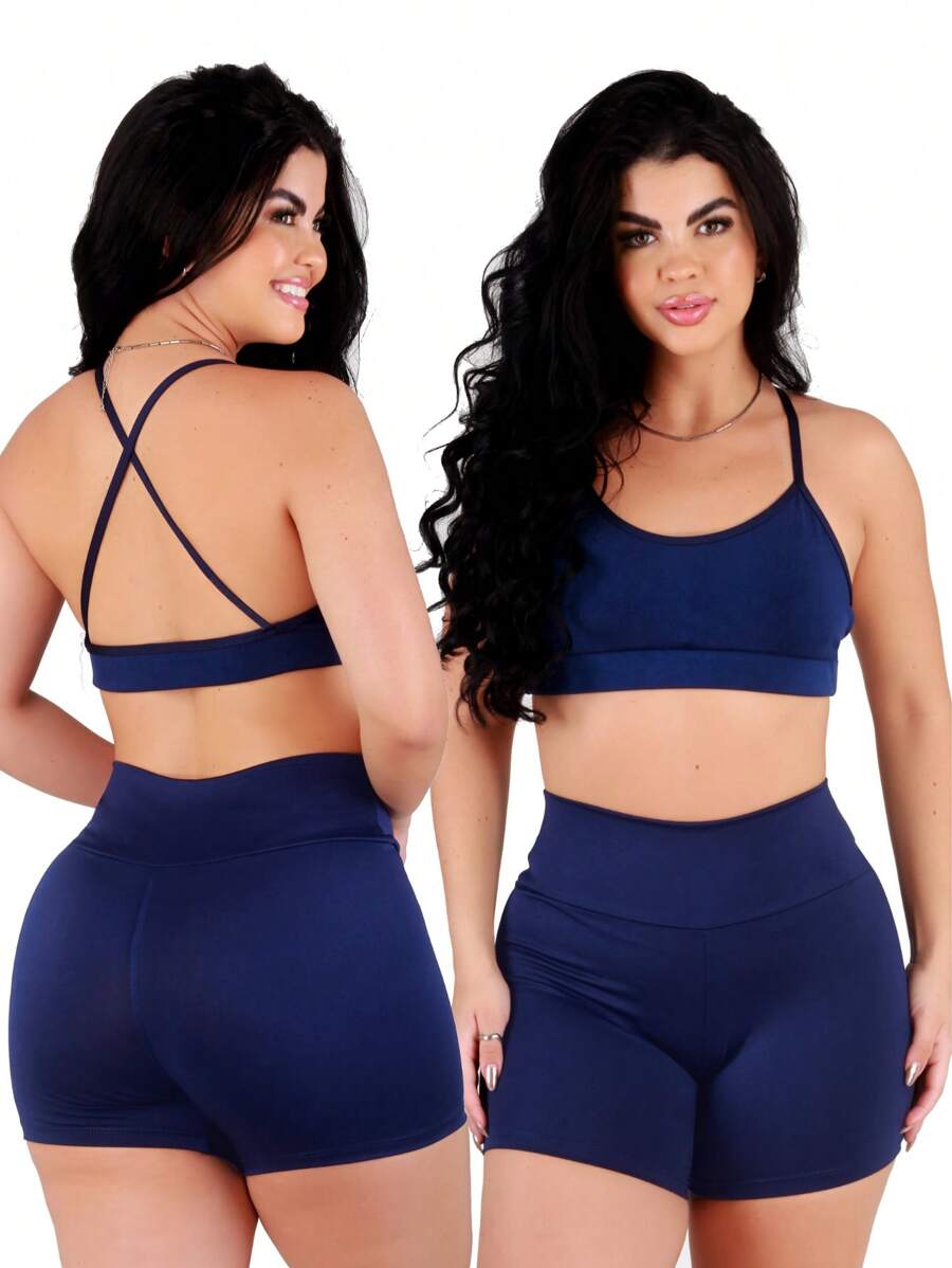 Work Fitness Kit 2 Set Of Backless Top With Cross Straps And Basic Premium Bermuda Shorts - Blue - View 1