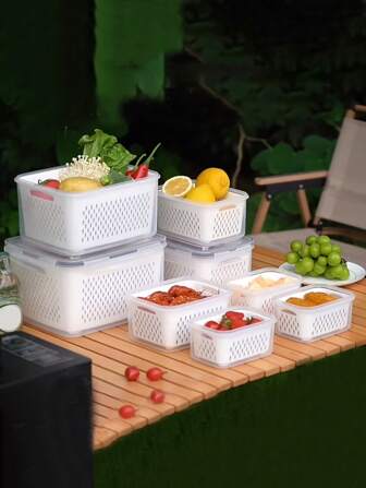 9 件套 {3 个盖子 + 3 个篮子 + 3 个盒子} 带盖冰箱储物容器 - 可堆叠冰箱收纳箱，带排水盘，用于存放水果、蔬菜和干货 - 适用于露营和餐饮的多功能厨房整理系统