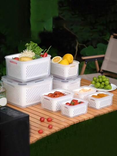 9-Piece Set {3 Lids + 3 Baskets + 3 Boxes} Covered Fridge Storage Containers - Stackable Fridge Organizer Bins With Drainage Tray For Fruits, Vegetables, And Dry Goods - Multipurpose Kitchen Organization System For Camping And Dining