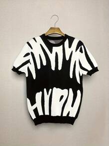 Jersey de punto de manga corta para hombre - Diseño de patrón abstracto en negro y blanco - Cuello redondo - Elegante y casual para uso diario y callejero - Tela de punto suave para mayor comodidad