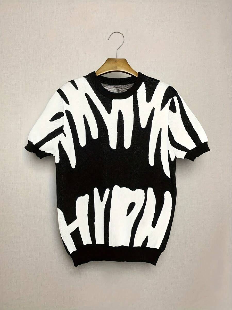 Jersey de punto de manga corta para hombre - Diseño de patrón abstracto en negro y blanco - Cuello redondo - Elegante y casual para uso diario y callejero - Tela de punto suave para mayor comodidad