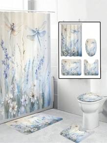 [1/4 套森林主题浴室装饰] 1/4 套蜻蜓和花卉印花浴室装饰套装，由编织涤纶制成，森林主题，带衬里，防褪色，带绳，包括防水浴室配件、浴室垫和马桶座套，带 12 个挂钩，适合 180x180cm 母亲节鲜花、给妈妈的个性化礼物、最后一分钟的礼物、母亲节创意、母亲节礼物、给妈妈的手工卡片、50 美元以下的最佳母亲节礼物