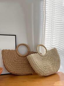 Yogodlns Luxury Hollow Designer Beach Shoulder Bag High Quality Brand Straw Handbag Women Summer Raffia Woven Travel Basket Tote Bags Summer Handmade Bags For Women Beach Weaving Ladies Straw Bag Wrapped Beach Bag Moon Shaped Top Handle Handbags Totes