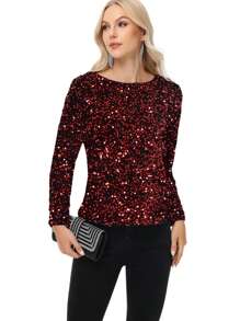 Women's Sequin Tops Sparkly Long Sleeve Glitter Evening Party Concert Shirt Blouse - 紅色 - 查看 5
